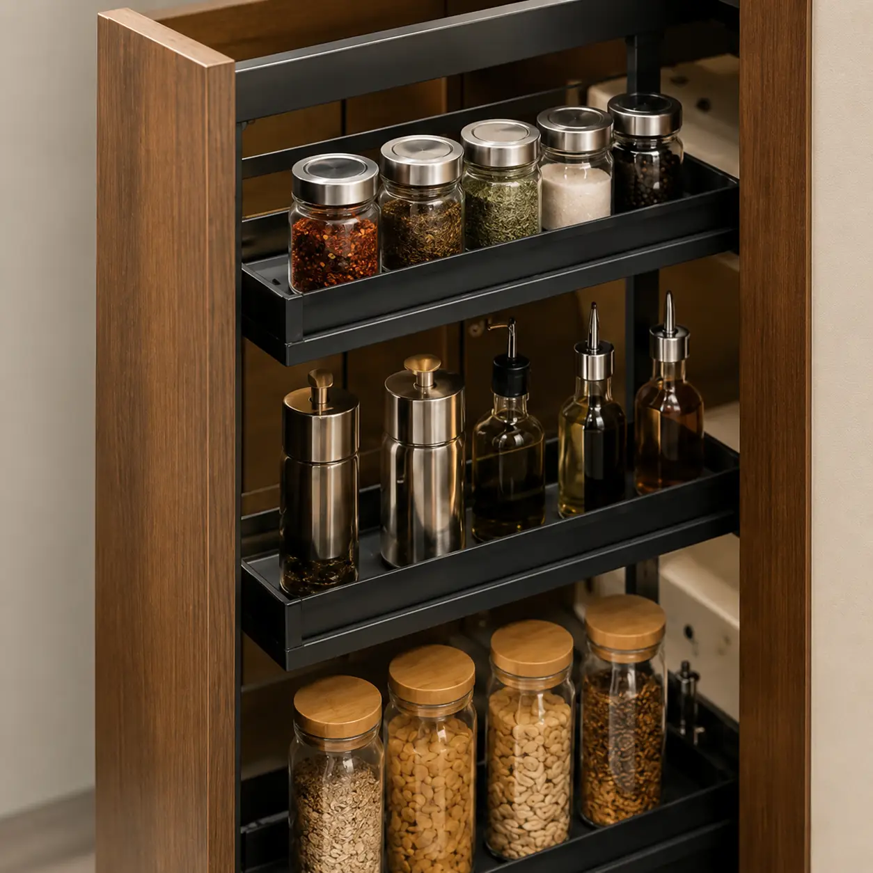Modular kitchen pull-out spice organizer with dedicated shelves for spices, oils, and pantry essentials