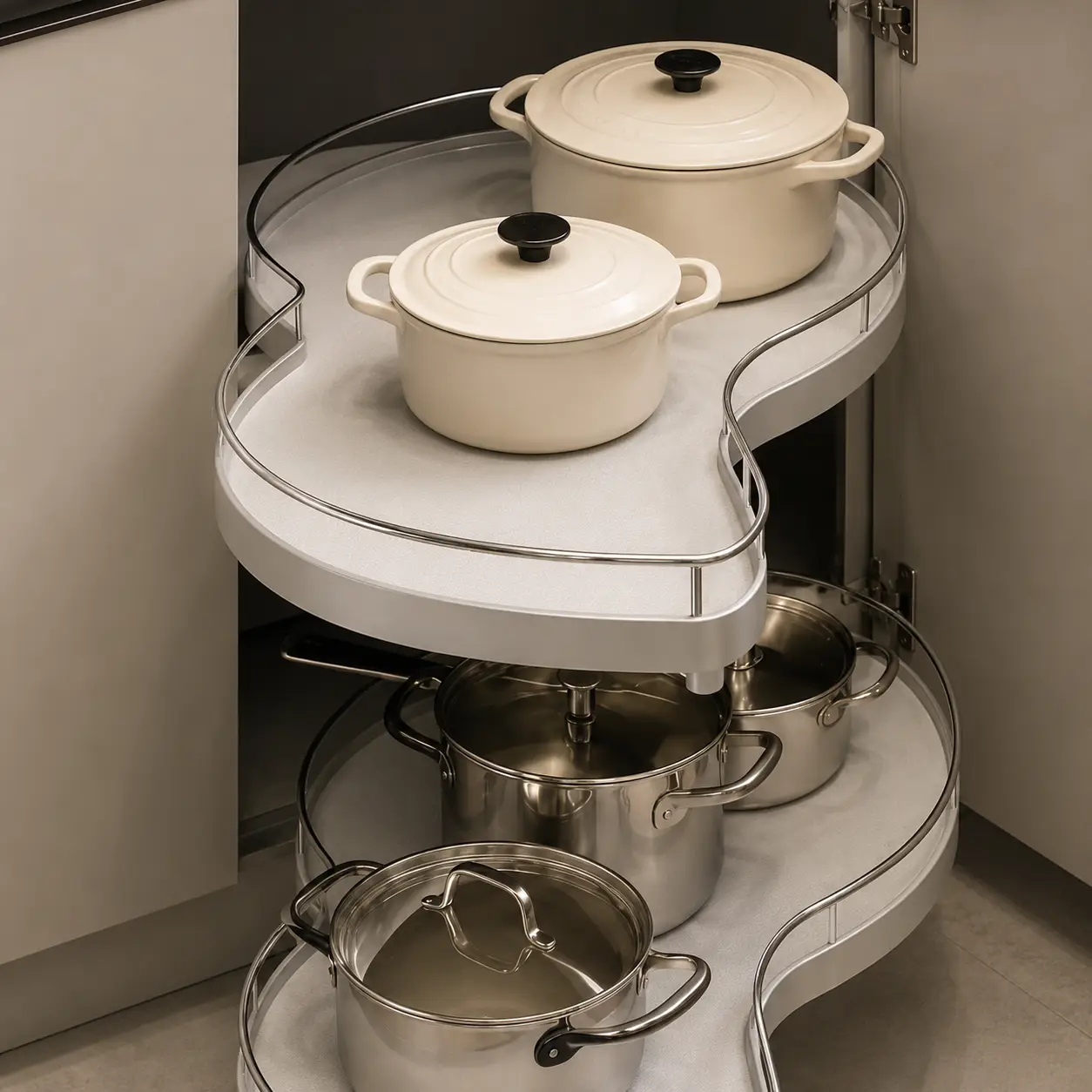 Modular kitchen corner carousel organizer for storing pots, pans, and cookware efficiently