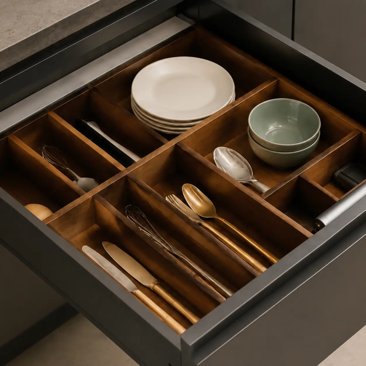 Modular kitchen wooden cutlery drawer organizer with compartments for plates, spoons, forks, and utensils