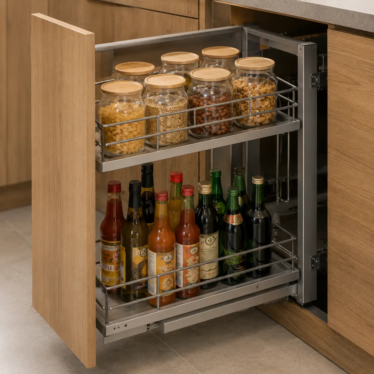 Modular kitchen pull-out bottle organizer for storing bottles, jars, and pantry essentials