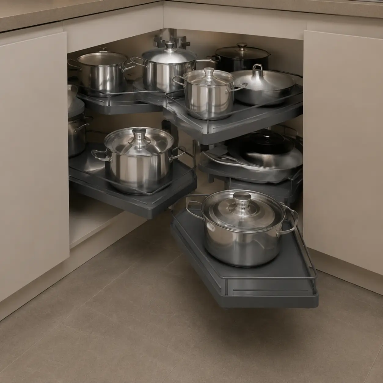 Tall pull-out pantry unit in a modular kitchen with organized shelves for dry food storage