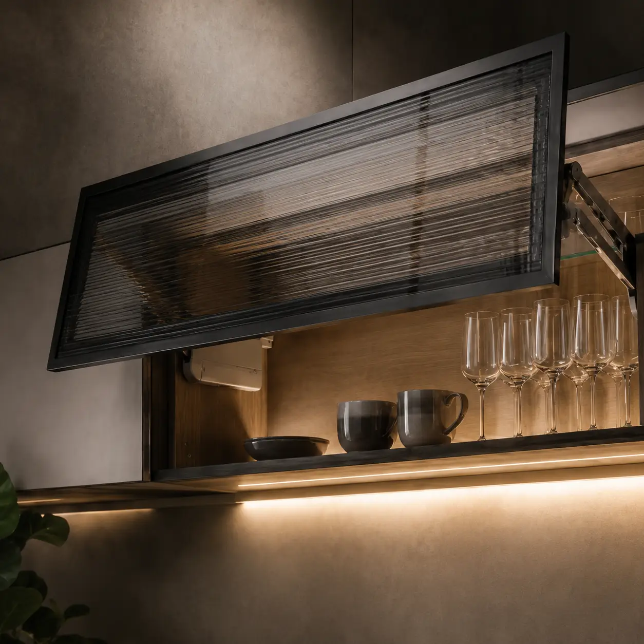 Modular kitchen glass lift-up cabinet door with smooth opening mechanism and display storage