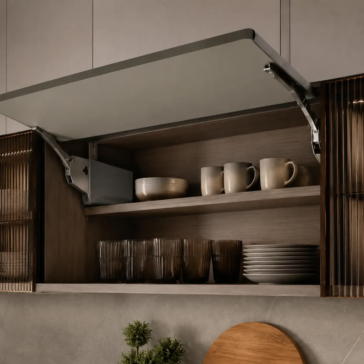 Modular kitchen folding lift-up cabinet with premium hardware for convenient overhead storage