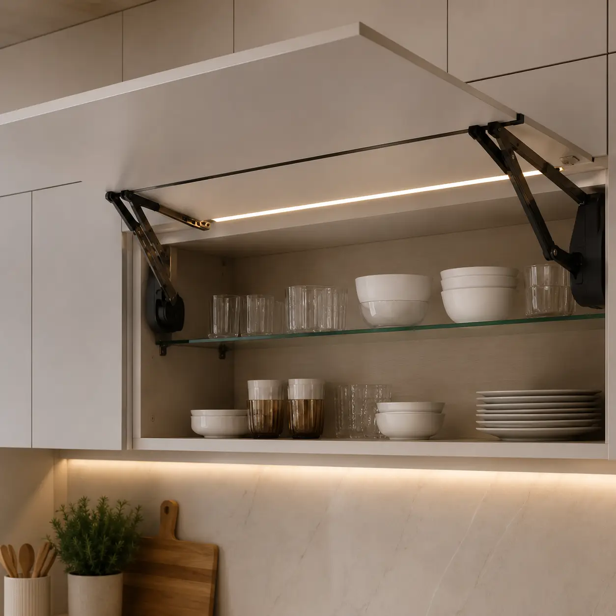 Modular kitchen overhead storage cabinet with lift-up mechanism for organized crockery and glassware