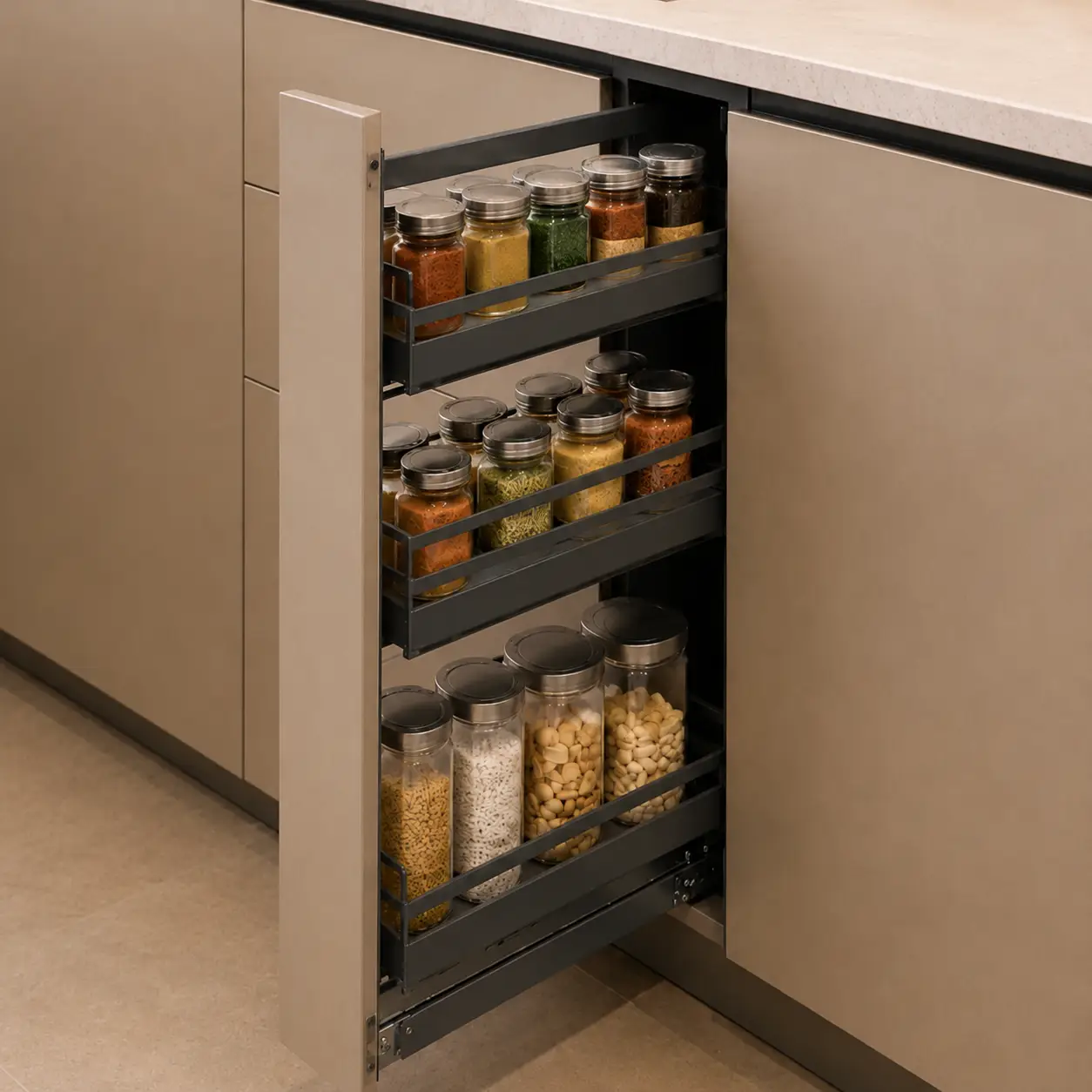 Modular kitchen spice pull-out cabinet with dedicated shelves for spice jars and pantry essentials