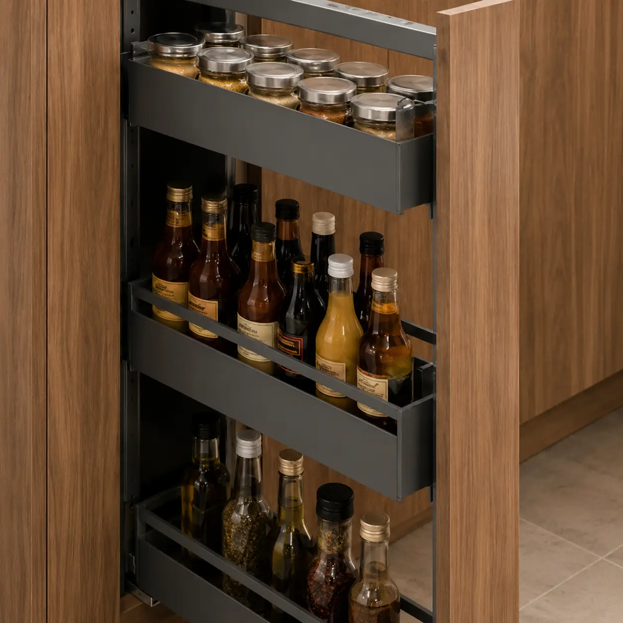 Modular kitchen pull-out organizer for storing cooking oils, sauces, and condiment bottles