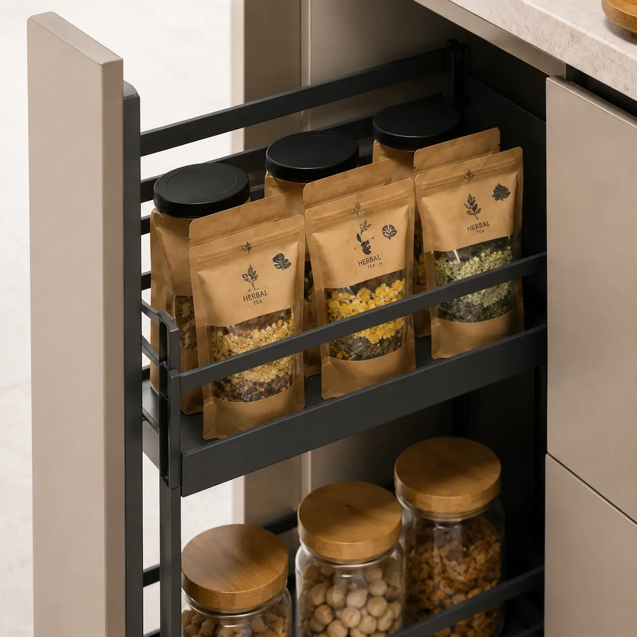 Vertical modular kitchen pull-out storage for spices, dry ingredients, and pantry essentials