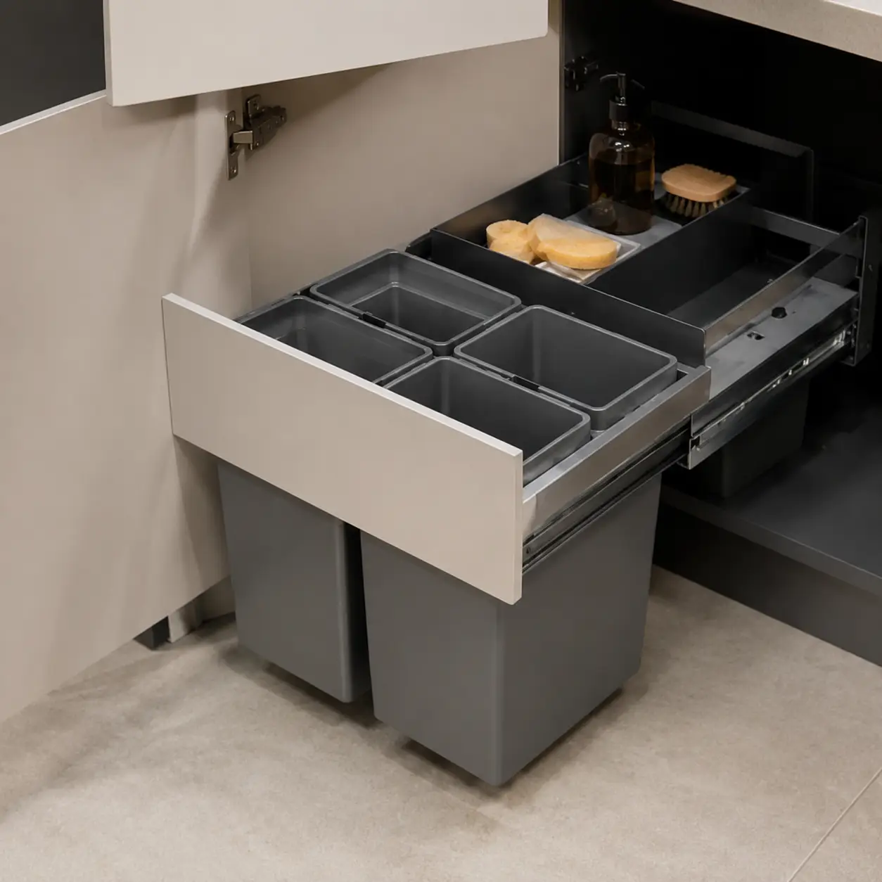 Modular kitchen pull-out wastebin organizer with multiple bins and storage tray for cleaning essentials