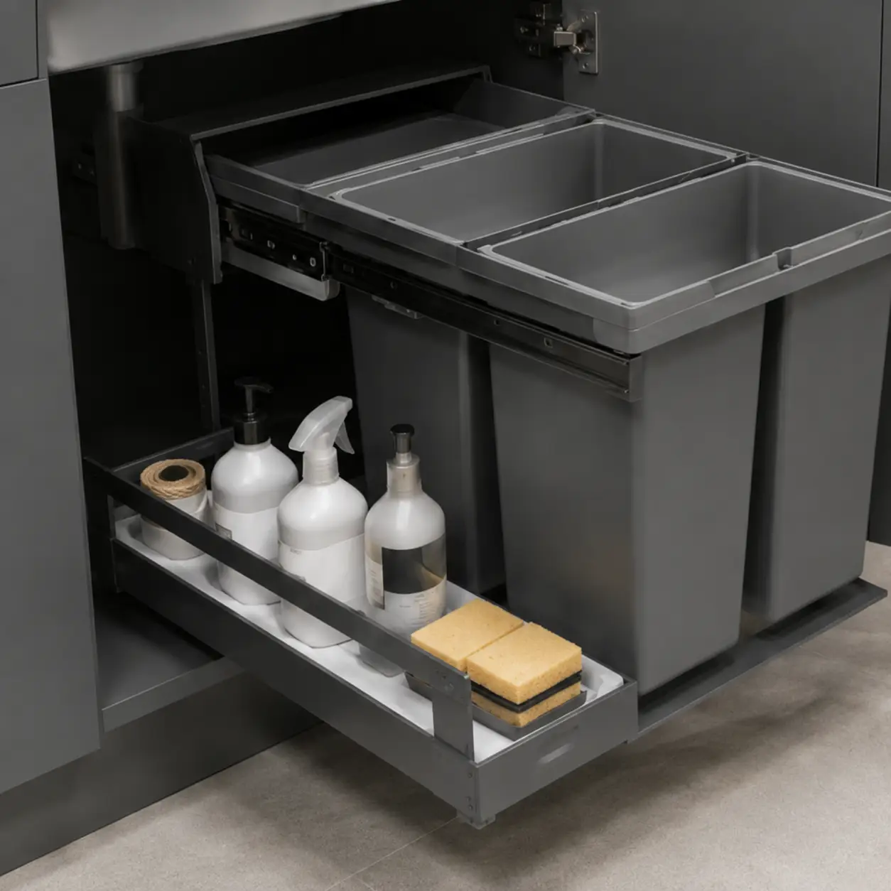 Modular kitchen double-bin pull-out waste drawer for efficient waste segregation and disposal