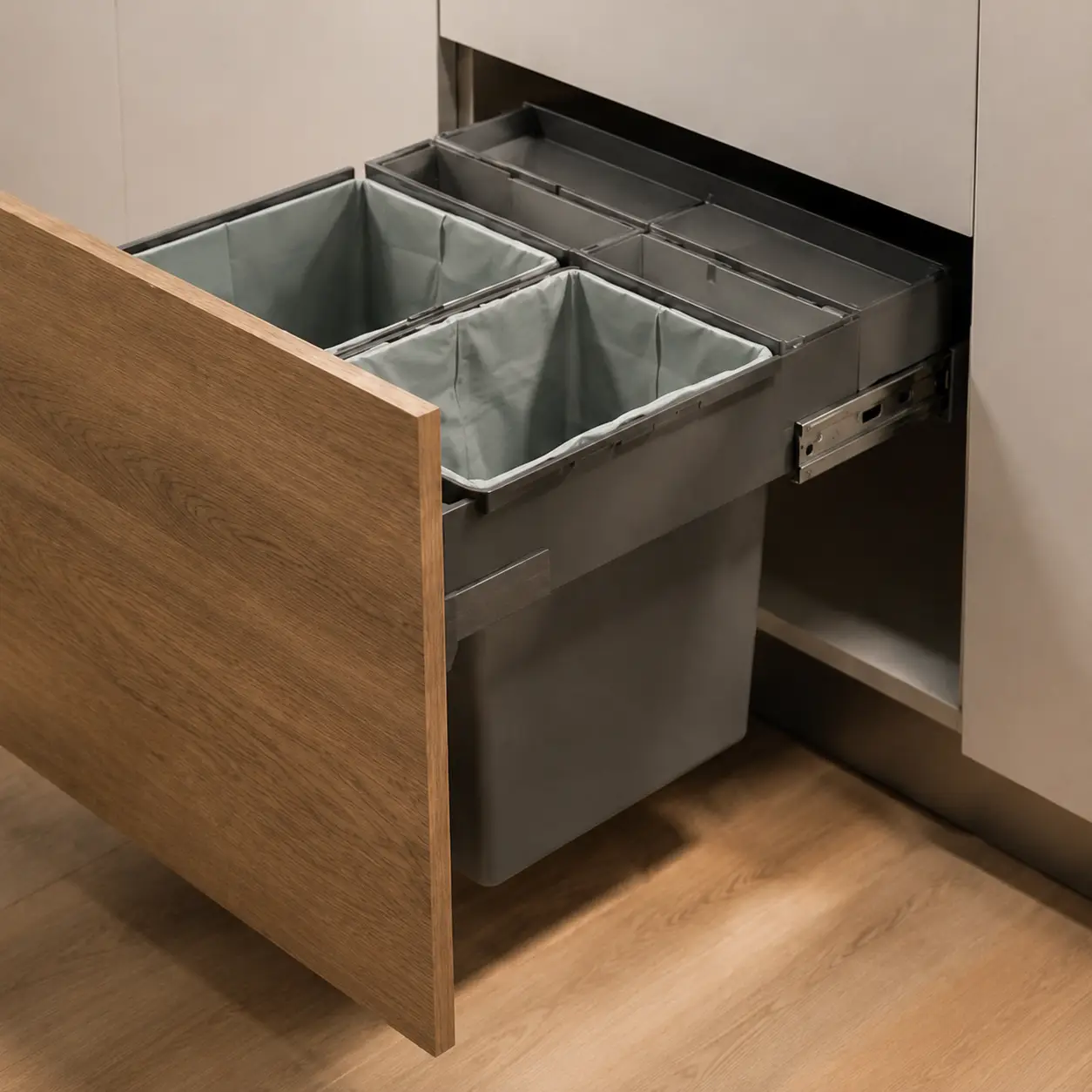 Concealed modular kitchen under-sink wastebin drawer with dual compartments for organized waste management