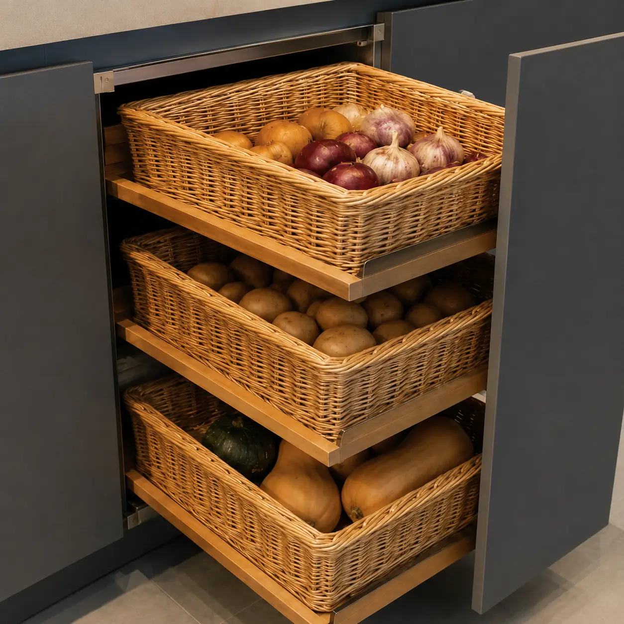 Modular kitchen pull-out wicker basket organizer for storing vegetables, onions, potatoes, and fresh produce