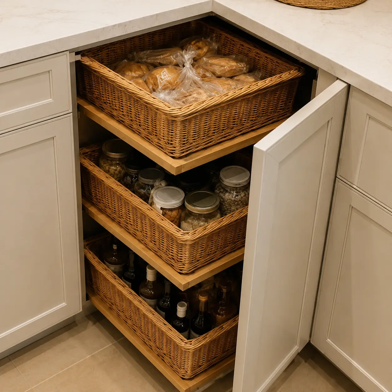 Modular kitchen pull-out wicker pantry baskets for organized storage of bread, groceries, jars, and bottles