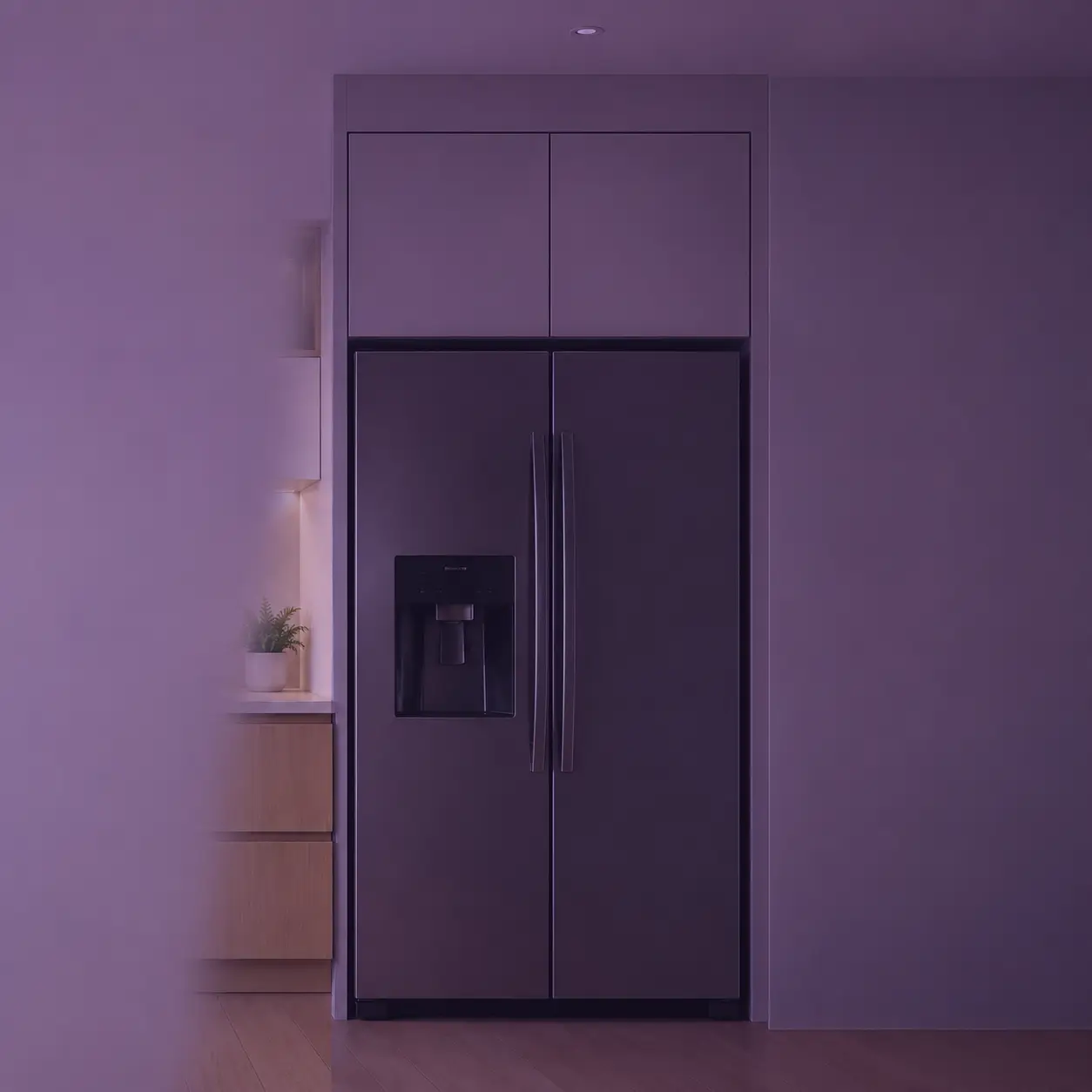 Modular kitchen food storage area with refrigerator and pantry unit for organized storage